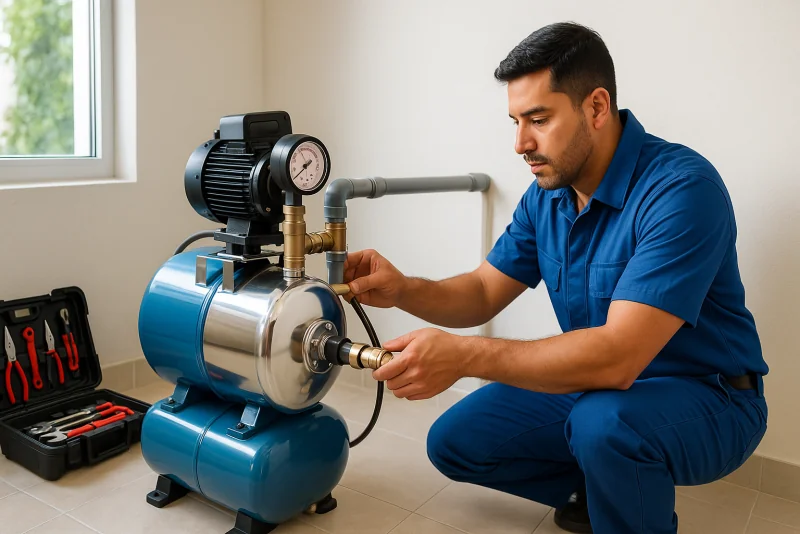 Plomero profesional instalando bomba presurizadora e hidroneumático para corregir baja presión de agua