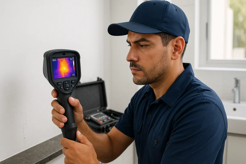 Plomero profesional usando cámara termográfica para detectar fugas de agua ocultas en paredes