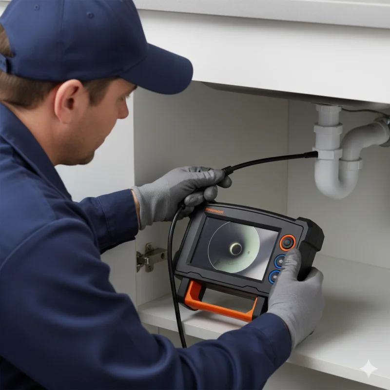 Plomero usando cámara de video endoscópica para inspeccionar tuberías y detectar obstrucciones