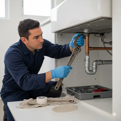 Plomero reparando fuga de agua en tubería con herramientas profesionales en Mazatlán