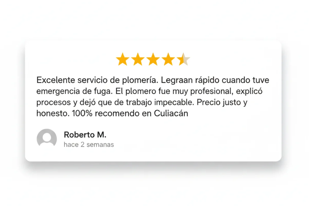 Reseña 5 estrellas Google - Servicio de emergencia plomería Mazatlán